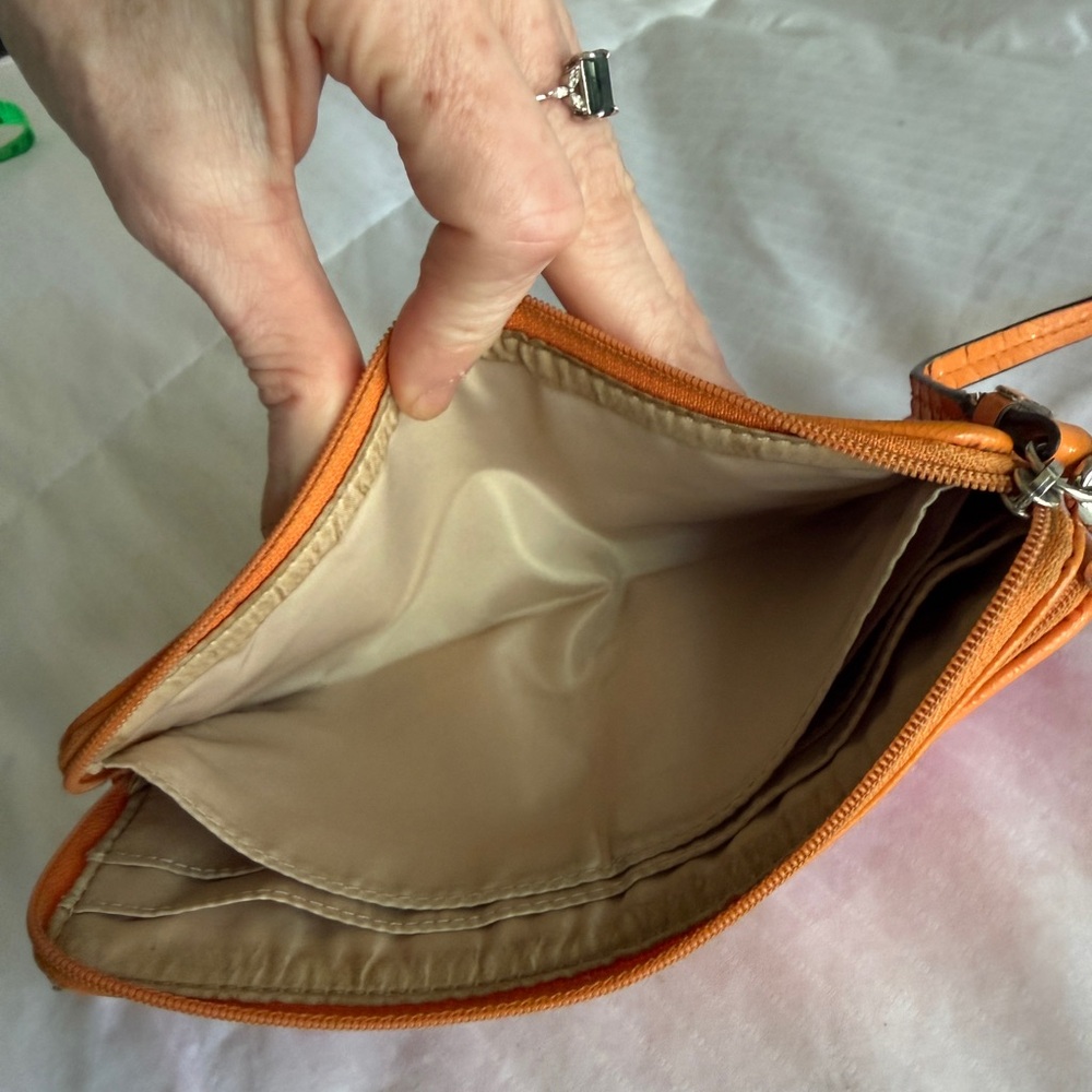 Coach Signature Stripe Double Zip Wristlet | Orange and Pink - Picture 13 of 15